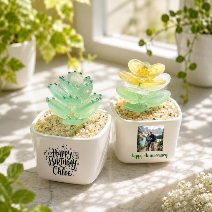 Custom Lampwork Glass Succulent Pot, Artificial Cactus Decor for – Handmade Gift