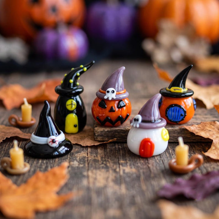 Blown Glass Witch Hat & Pumpkin Miniature, Cute Lampwork Halloween – Halloween Decor Gift