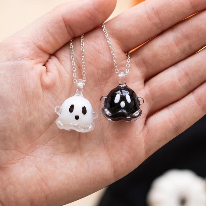Handblown Black & White Ghost Pendant, Dainty Spooky Necklace for – Handmade Gift