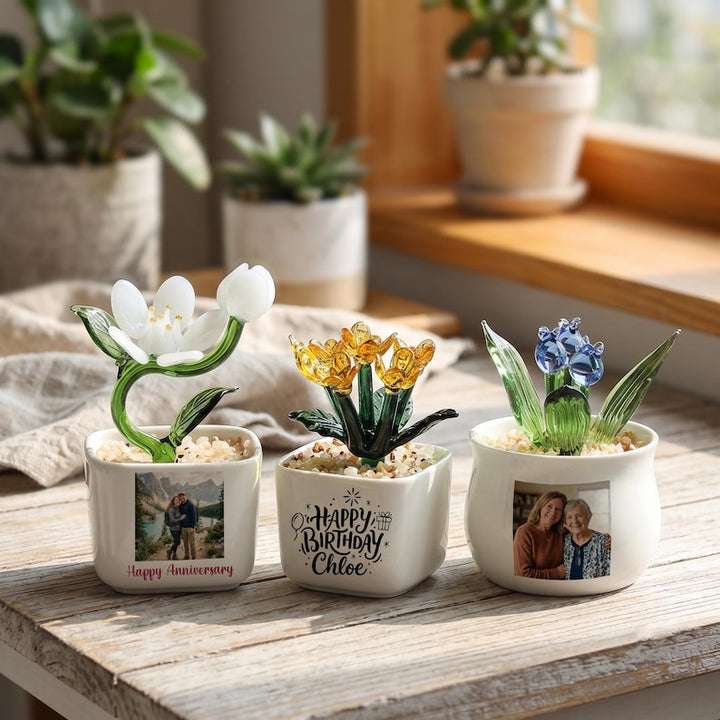 Personalized Glass Potted Flower, Custom Photo Planter for – Birthday Gift for Her, Mother's Day Gift