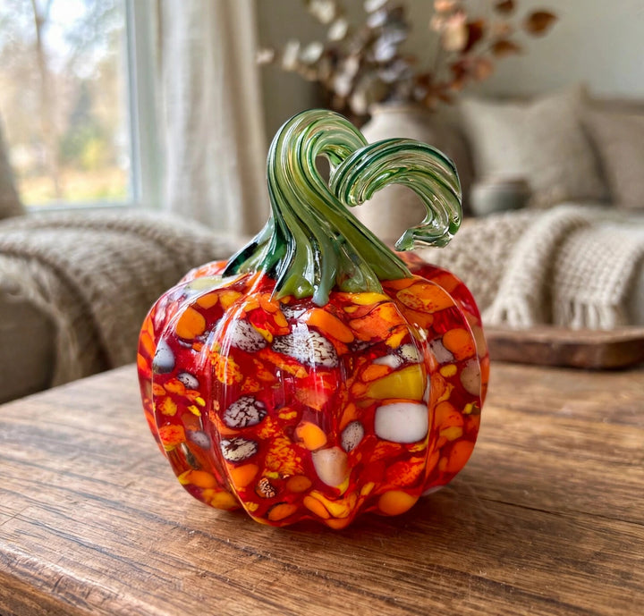 Hand-blown speckled glass pumpkin fall decor